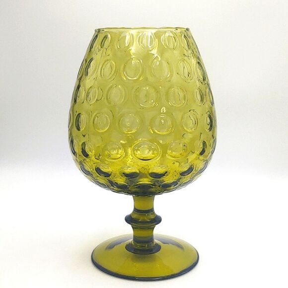Vintage MCM Olive Green Optic Glass Snifter Style Blown Glass Vase Empoli, I… - Picture 1 of 9